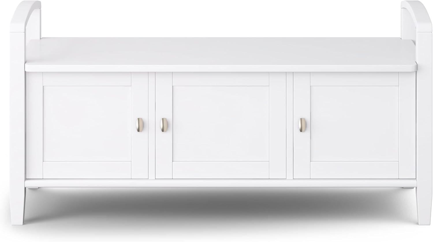 Simpli Home Warm Shaker 44"W Solid Wood Entryway Storage Bench with 3 Cabinets, Shaker-Style Doors and Interior Shelves