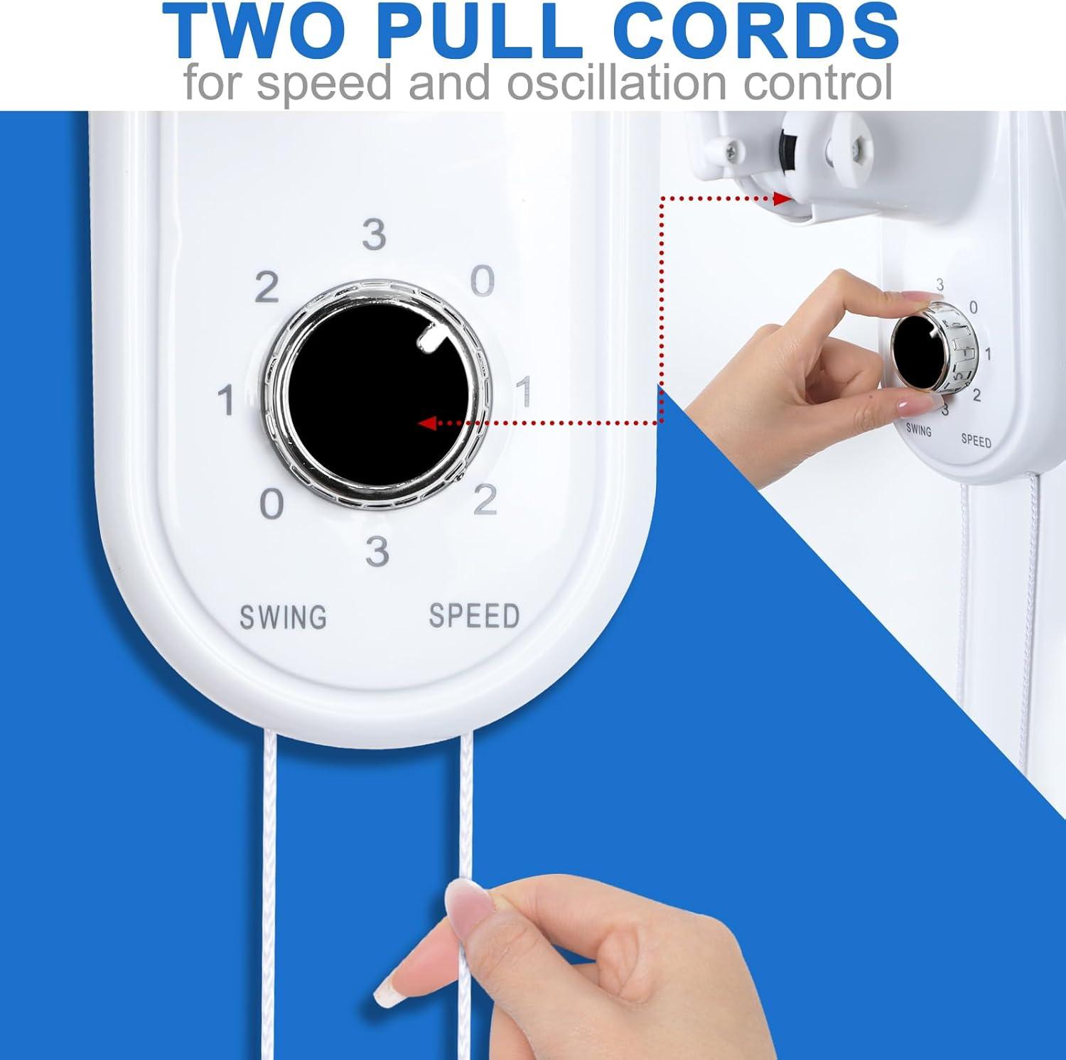 Aottop 16-Inch White Wall Mount Fan with Pull Chain and Knob Control, 2-Pack | 3 Speeds,Oscillating,Ideal for Bedroom, Living Room, and Office