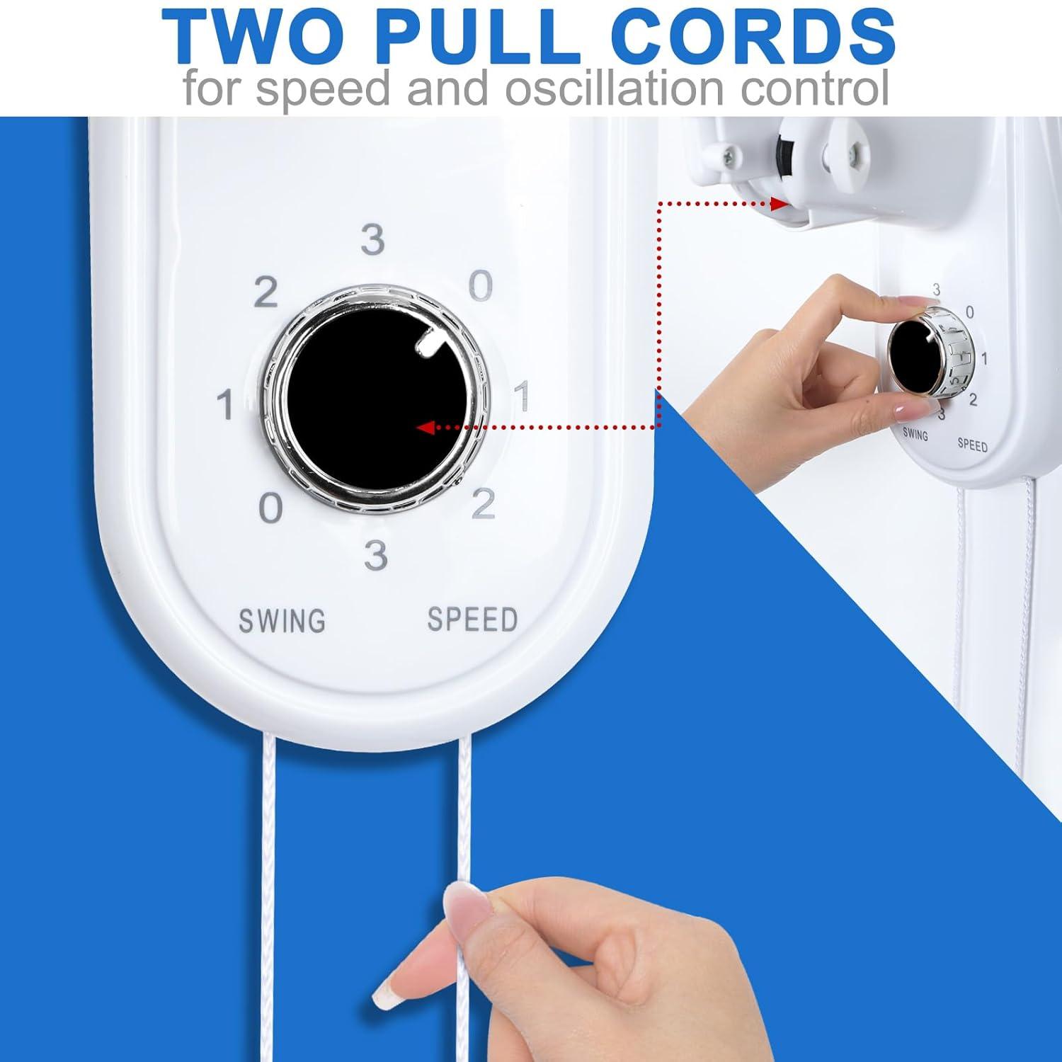 Aottop 16-Inch White Wall Mount Fan with Pull Chain and Knob Control, 2-Pack | 3 Speeds,Oscillating,Ideal for Bedroom, Living Room, and Office