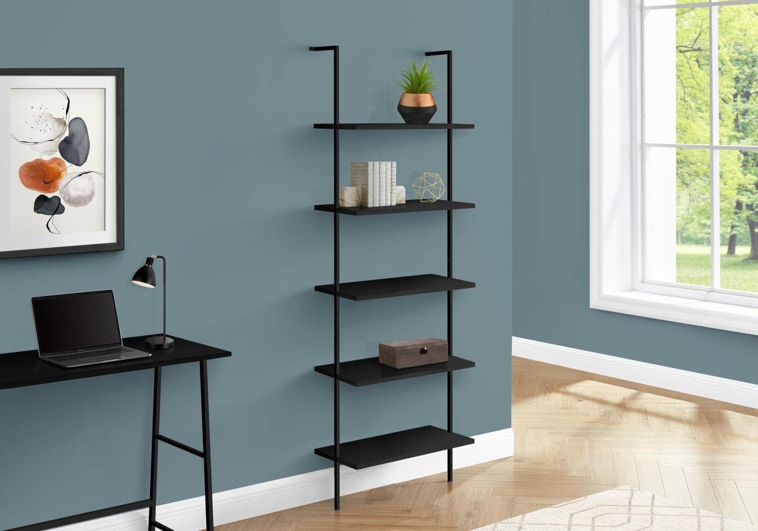 Monarch Specialties Bookshelf Bookcase Etagere Ladder 5 Tier 72InchH Office Bedroom Metal Laminate Black Contemporary Modern