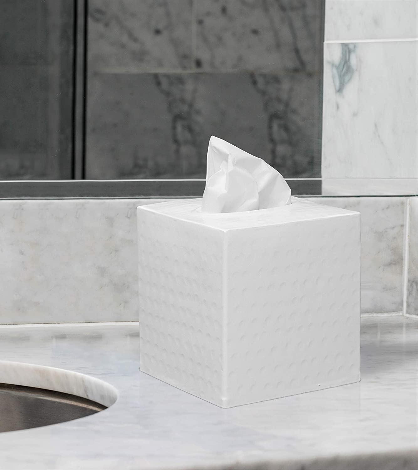 White Hand Hammered Metal Square Tissue Box Cover