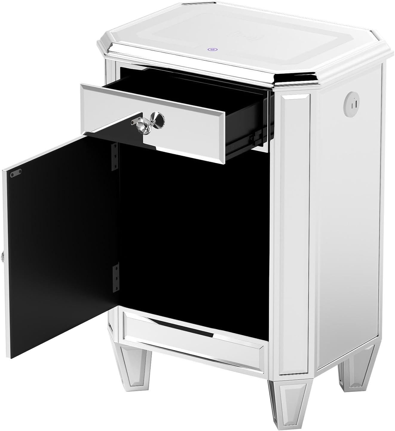 COSVALVE 3 Drawers Mirrored Nightstand Silver Glass Crystal Design Rectangle End Table with Wireless Charging Station, LED Lights, Charge USB Port