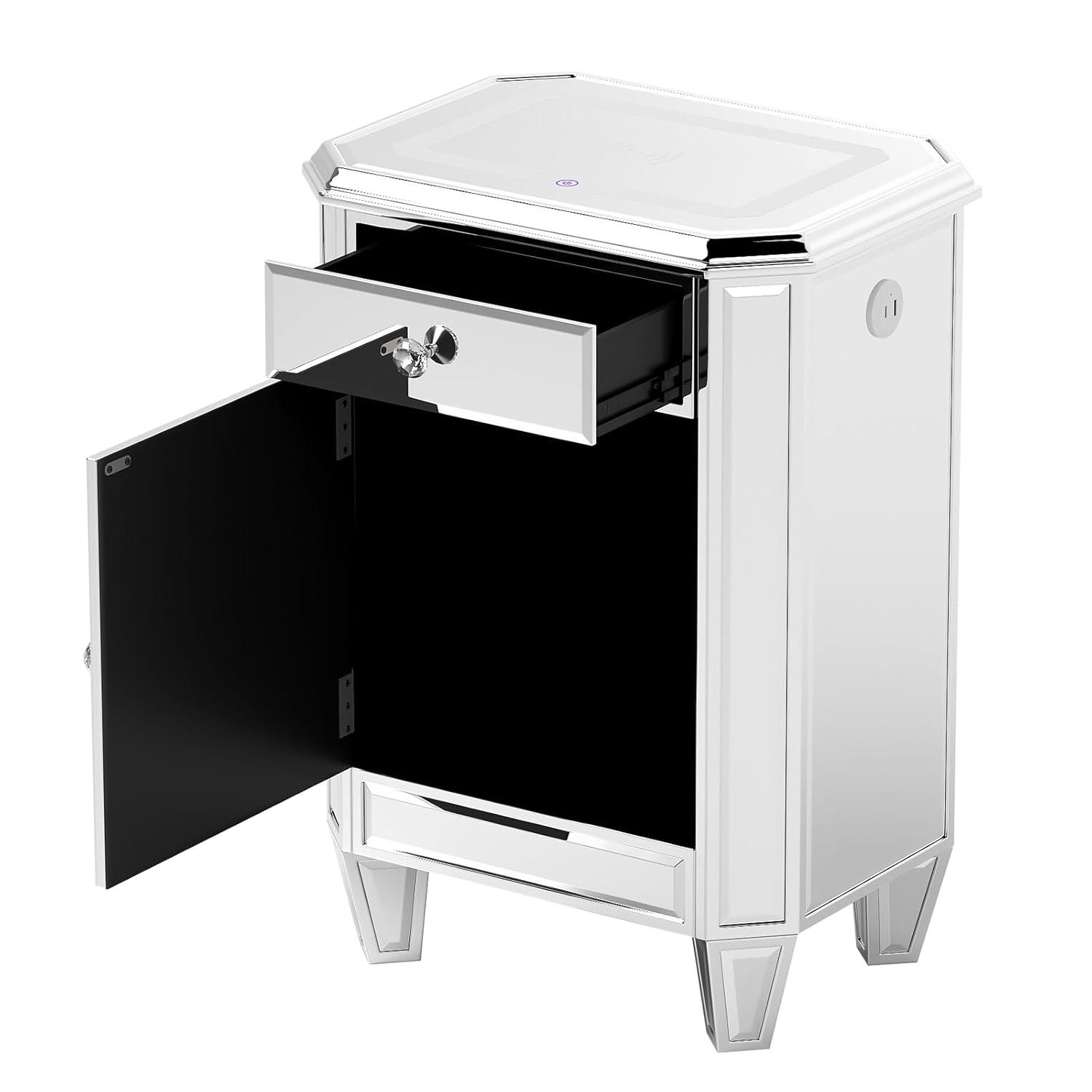 COSVALVE 3 Drawers Mirrored Nightstand Silver Glass Crystal Design Rectangle End Table with Wireless Charging Station, LED Lights, Charge USB Port