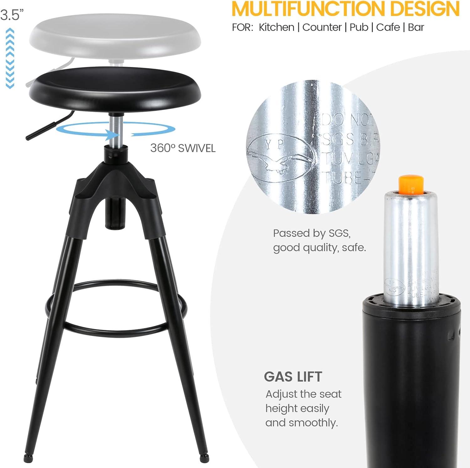 Brage Living 29-32.5 Inch Industrial Adjustable Bar Stool, Swivel Round Seat Metal Barstool with Legs, Backless Heavy Duty Airlift Bar Chair for Kitchen Dining Pub Cafe (Black)