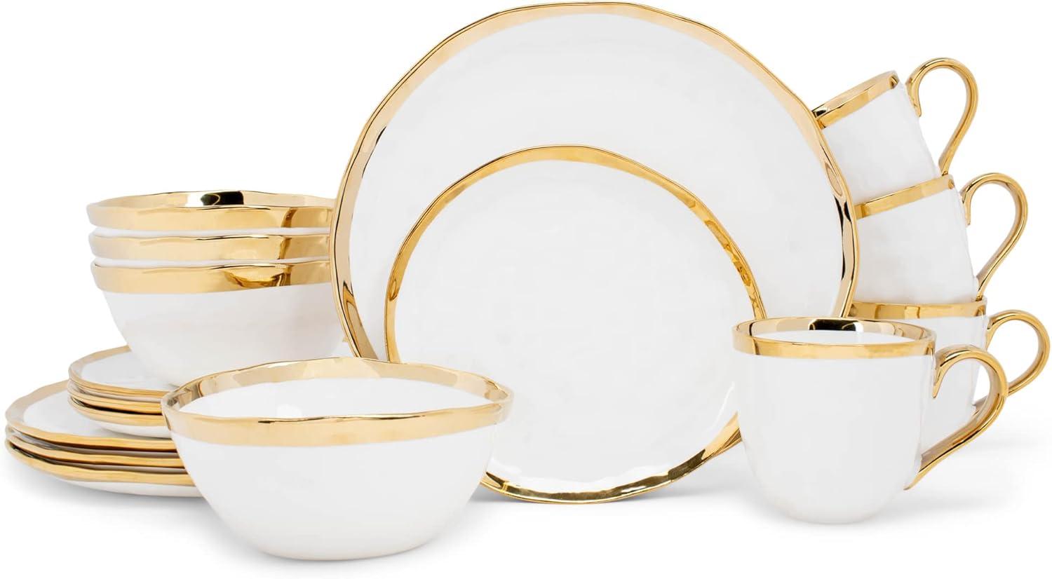 White and Gold Porcelain 16-Piece Dinnerware Set