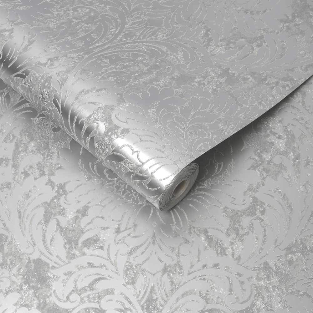 Milan Damask Grey and Rose Gold Textured Wallpaper