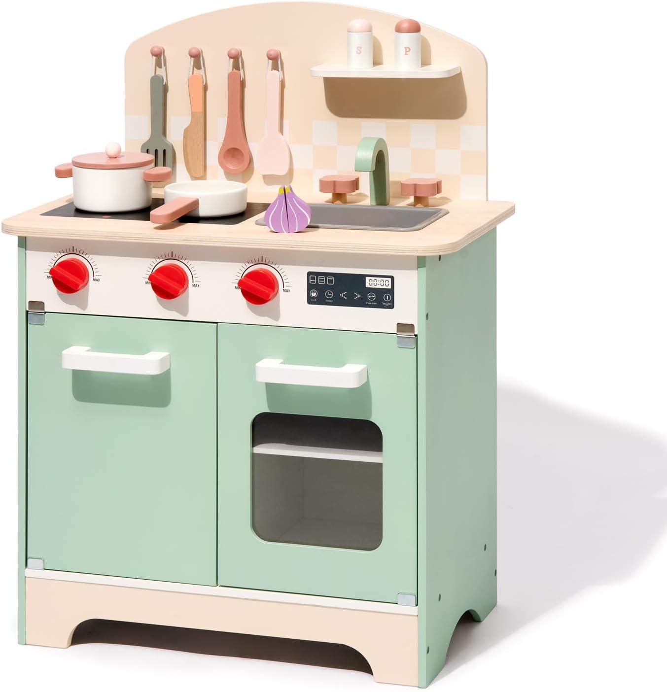 Robud Pretend Play Kitchen Set for Kids,Wooden Kitchen Playset Gift for Toddlers 3+,Green