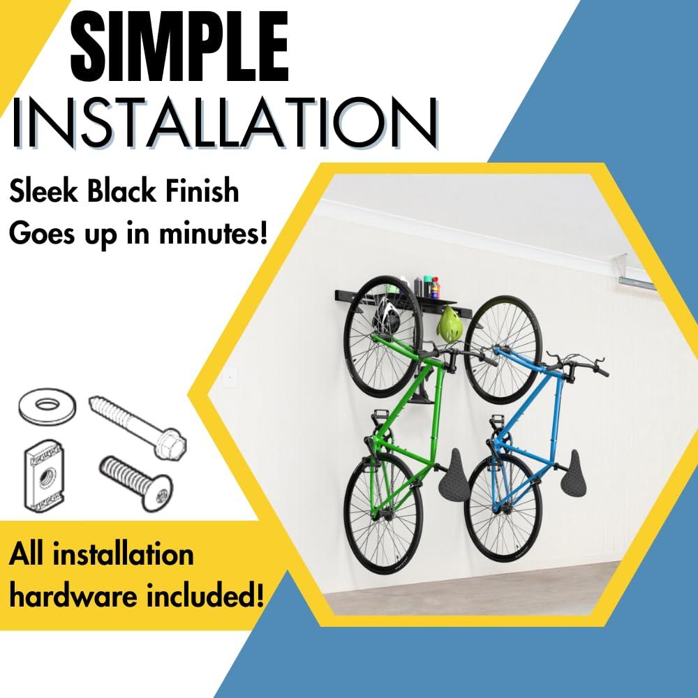 Koova Wall Mount Bike Storage Rack Garage Hanger for 2 Bicycles + Helmets | Fits All Bikes Even Large Cruisers / Big Tire Mountain Bikes | Heavy Duty Powder Coated Steel | Made In USA (2 Bik