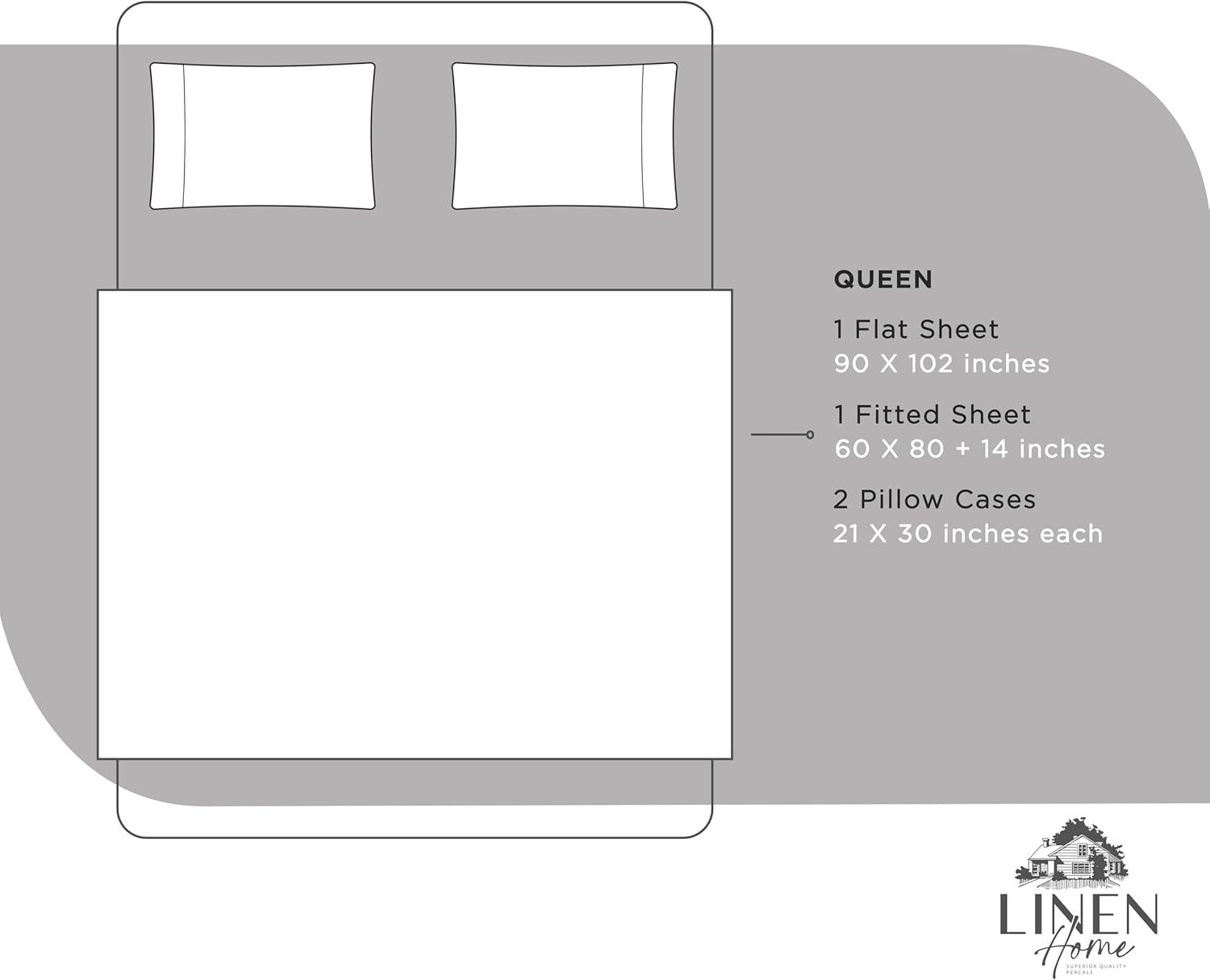 100% Cotton Percale Sheets Queen Size, White, Deep Pocket, 4 Piece - 1 Flat, 1 Deep Pocket Fitted Sheet and 2 Pillowcases, Crisp Cool and Strong Bed Linen