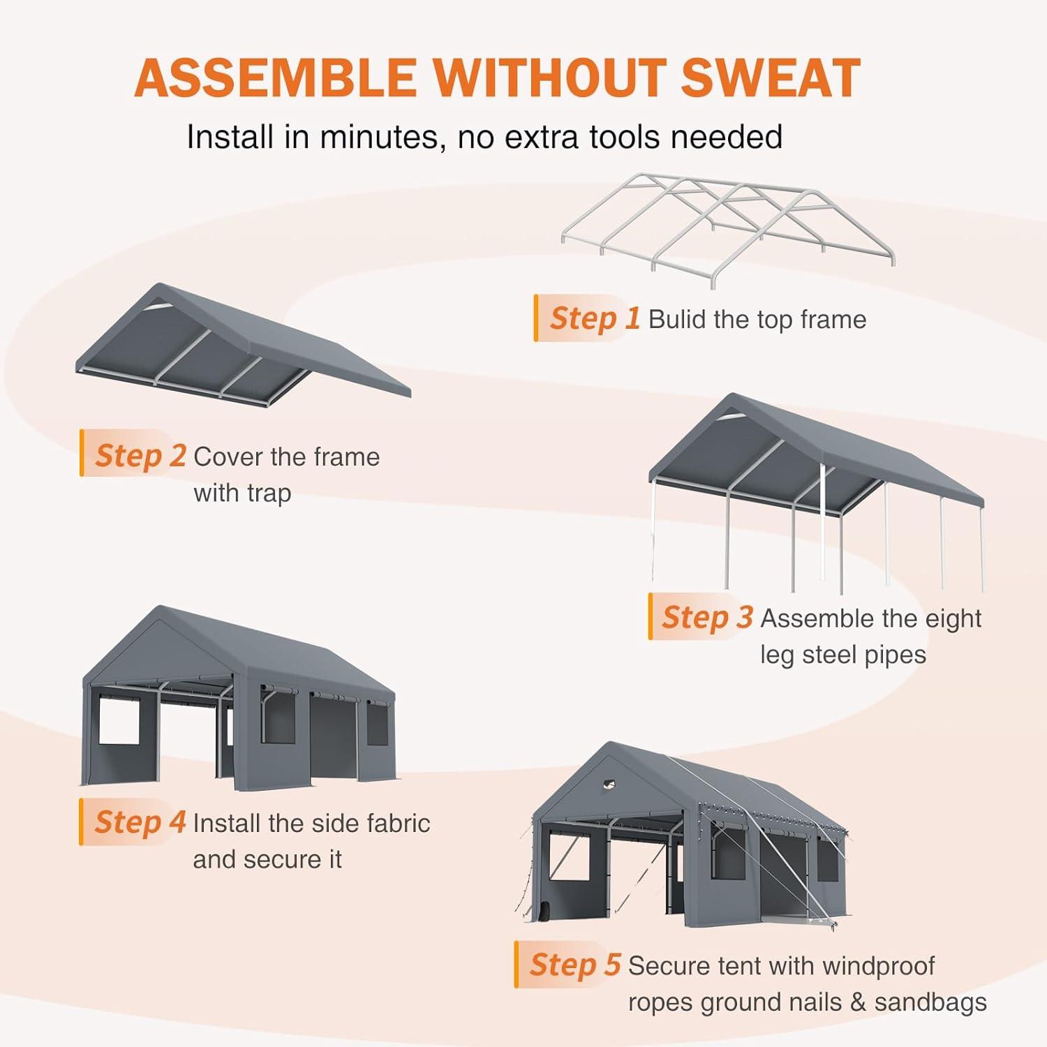 Carports 10X16 Heavy Duty，Portable Car Port Garage，Carport Canopy with Side Doors，Outdoor Car Shelter All Weather