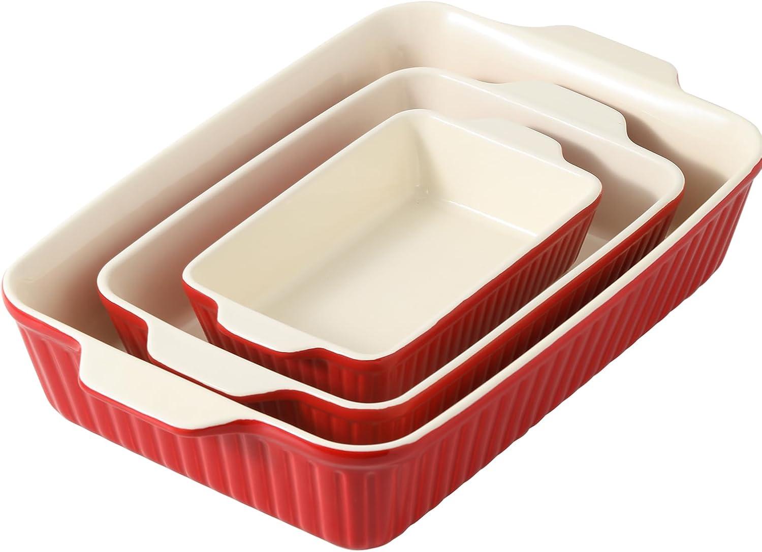 SWEEJAR Rectangular Ceramic Bakeware Set, Non-Stick Roasting Pan with Handles Baking Dishes,Casserole Pans for Cake Dinner, Set of 3 - Red
