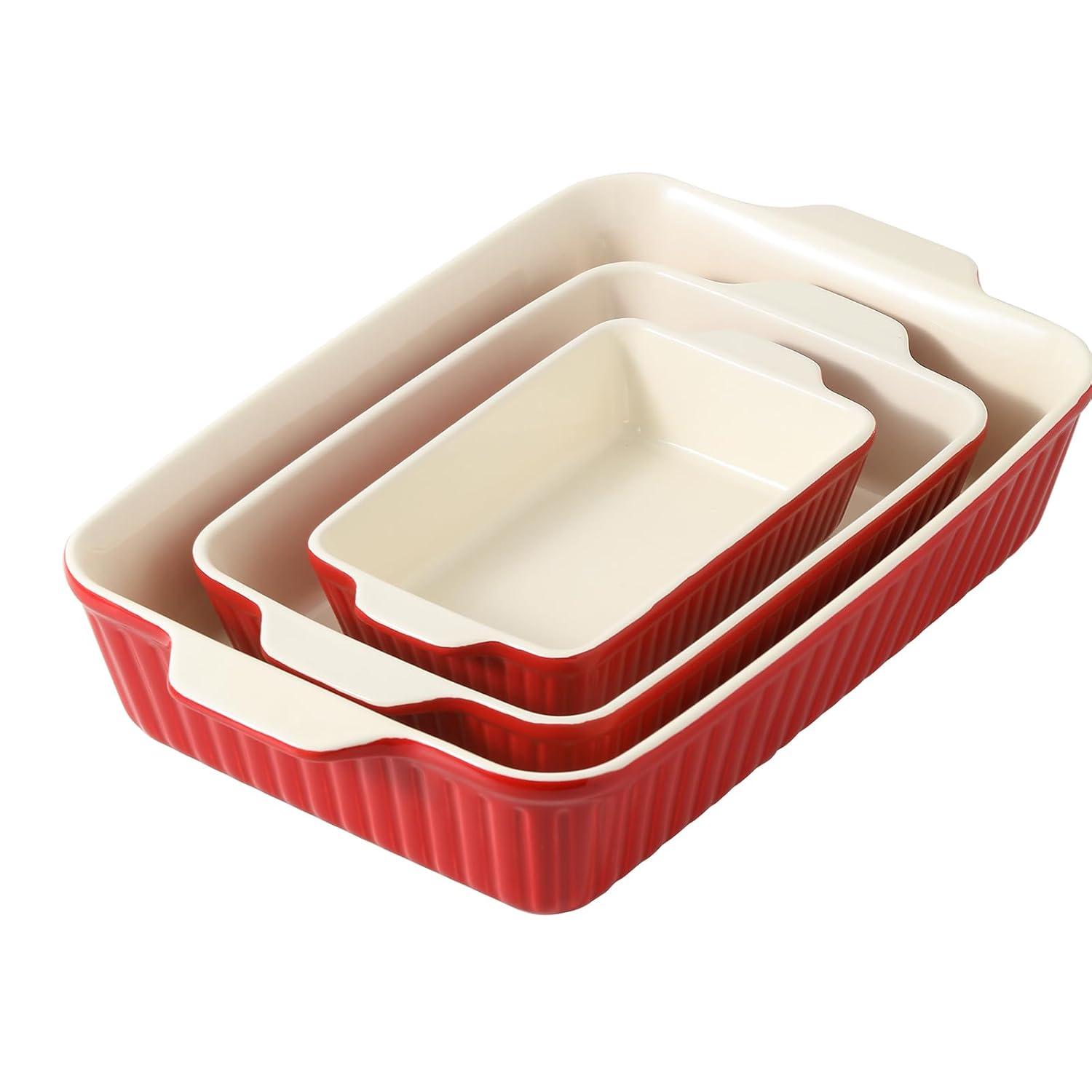 SWEEJAR Rectangular Ceramic Bakeware Set, Non-Stick Roasting Pan with Handles Baking Dishes,Casserole Pans for Cake Dinner, Set of 3 - Red