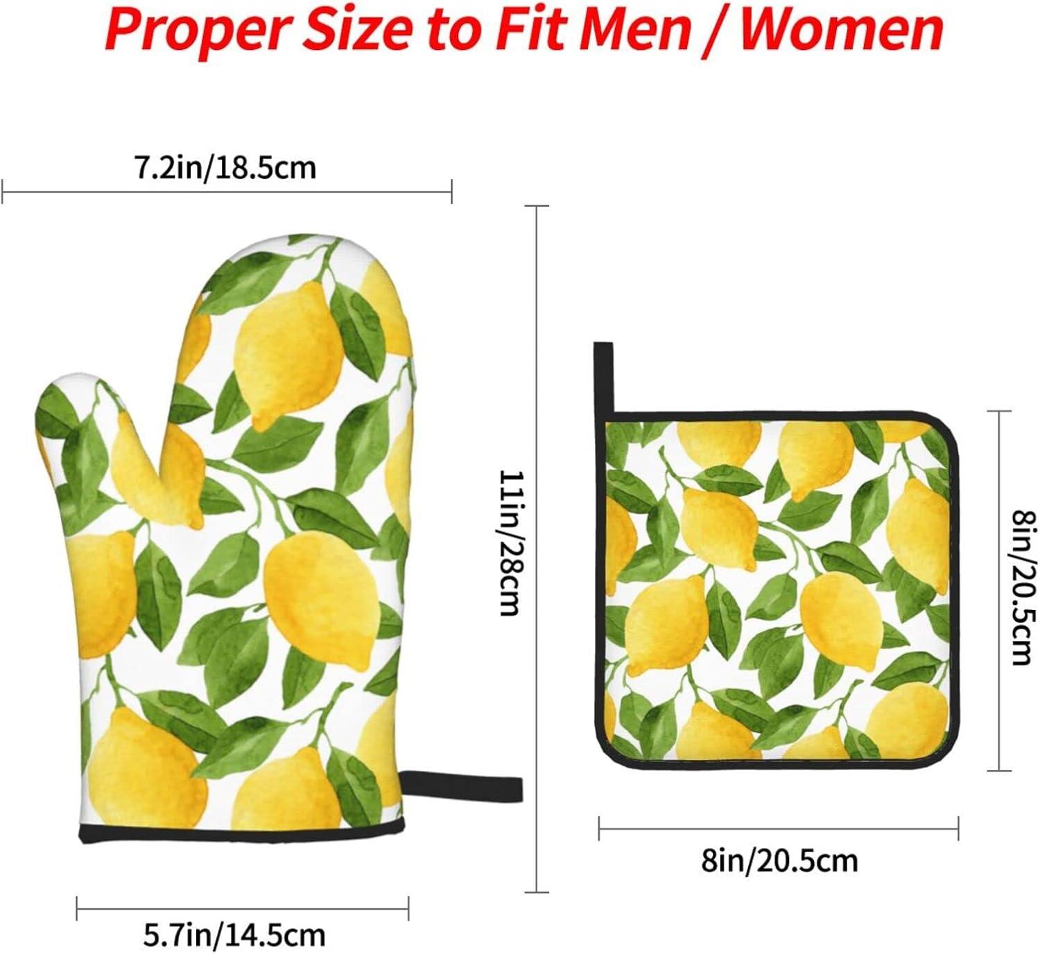 Lemon Print Yellow Cotton Oven Mitts and Pot Holders Set