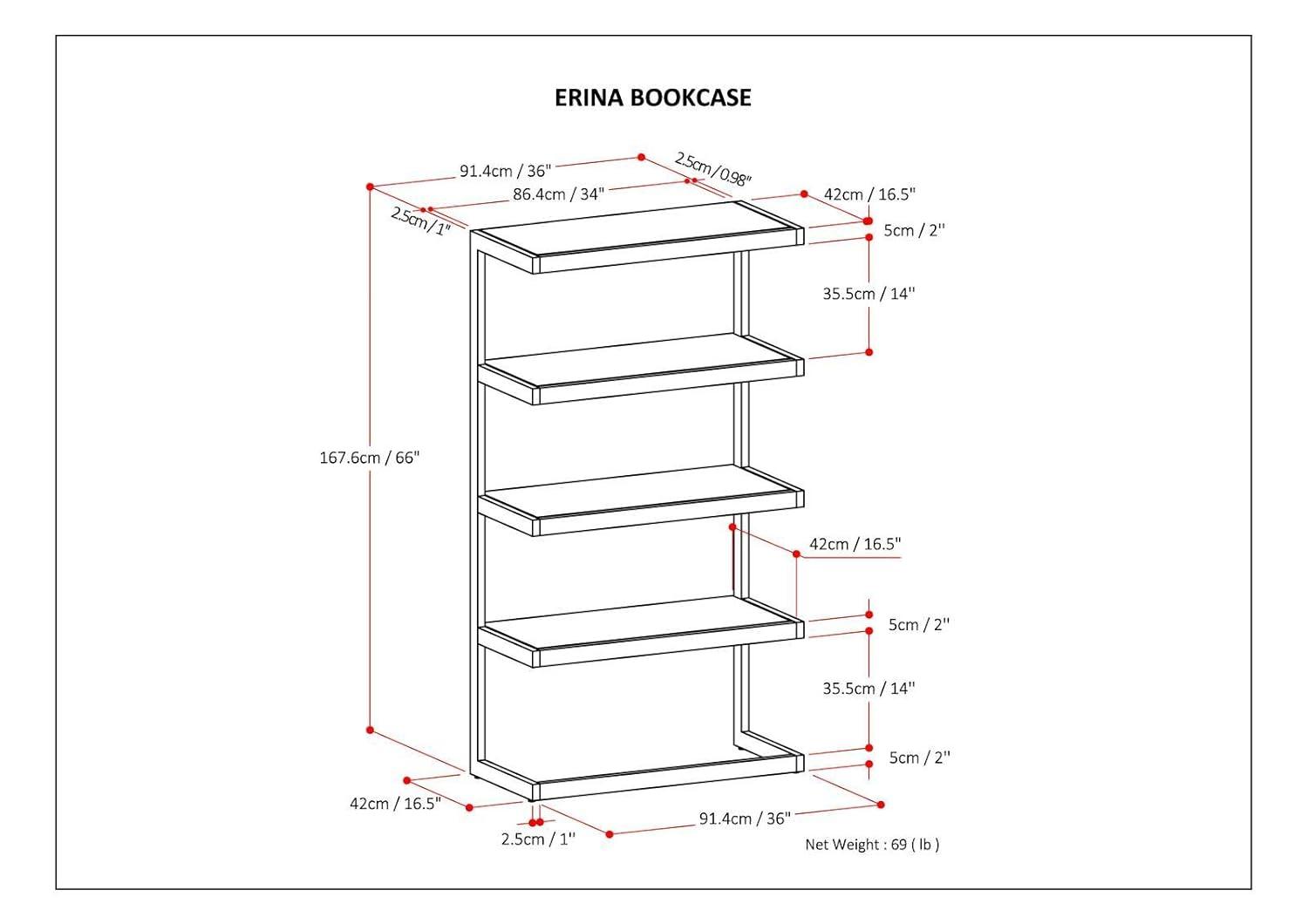 Erina SOLID ACACIA WOOD and Metal 66 inch x 36 inchRectangle Industrial Bookcase in Rustic Natural Aged Brown-Color:Rustic Natural Aged Brown,Material:Metal,Style:Modern Industrial