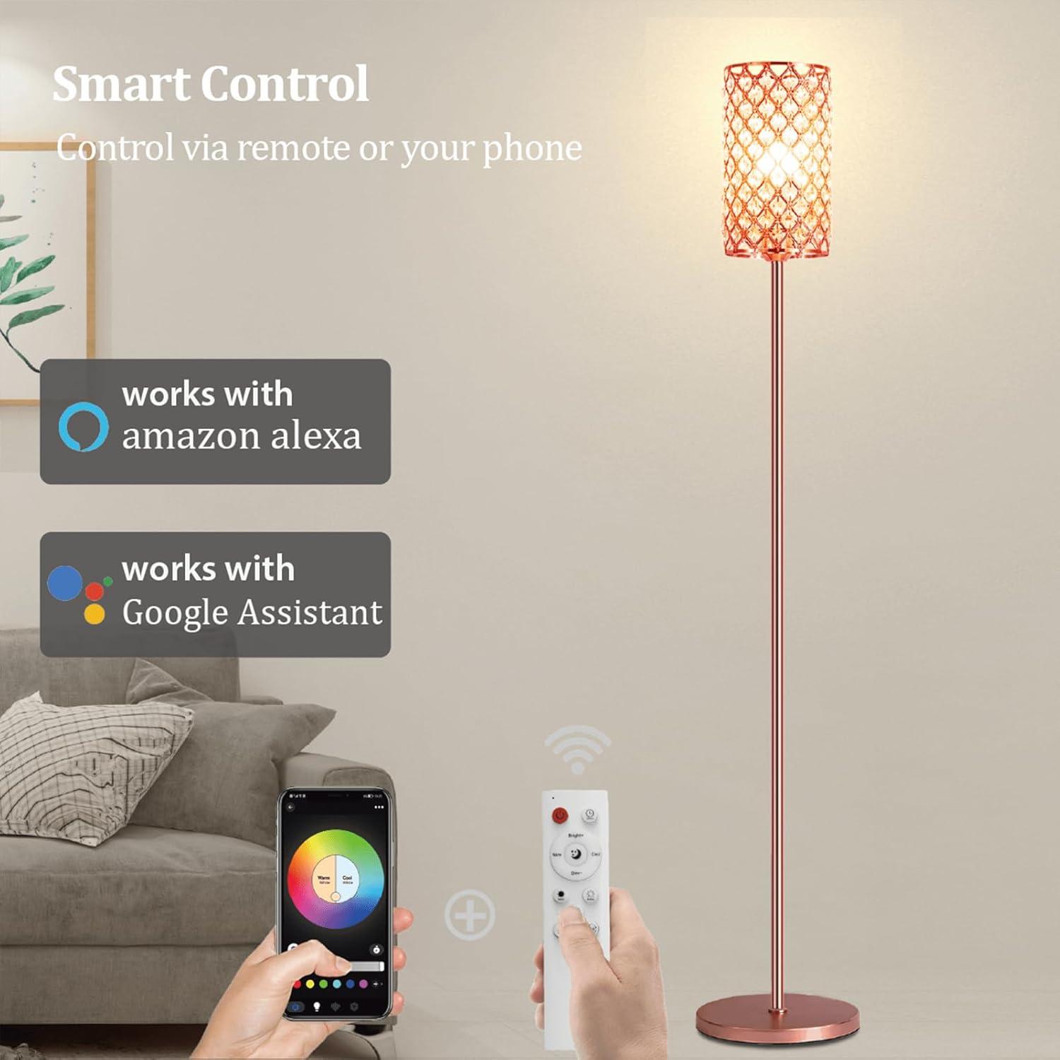 Crystal Floor Lamp with Remote Control, Smart Rose Gold Floor Lamps for Living Room with Bulb Included, Crystal Standing Lamp Rose Gold Home Décor Floor Lamp for Bedroom