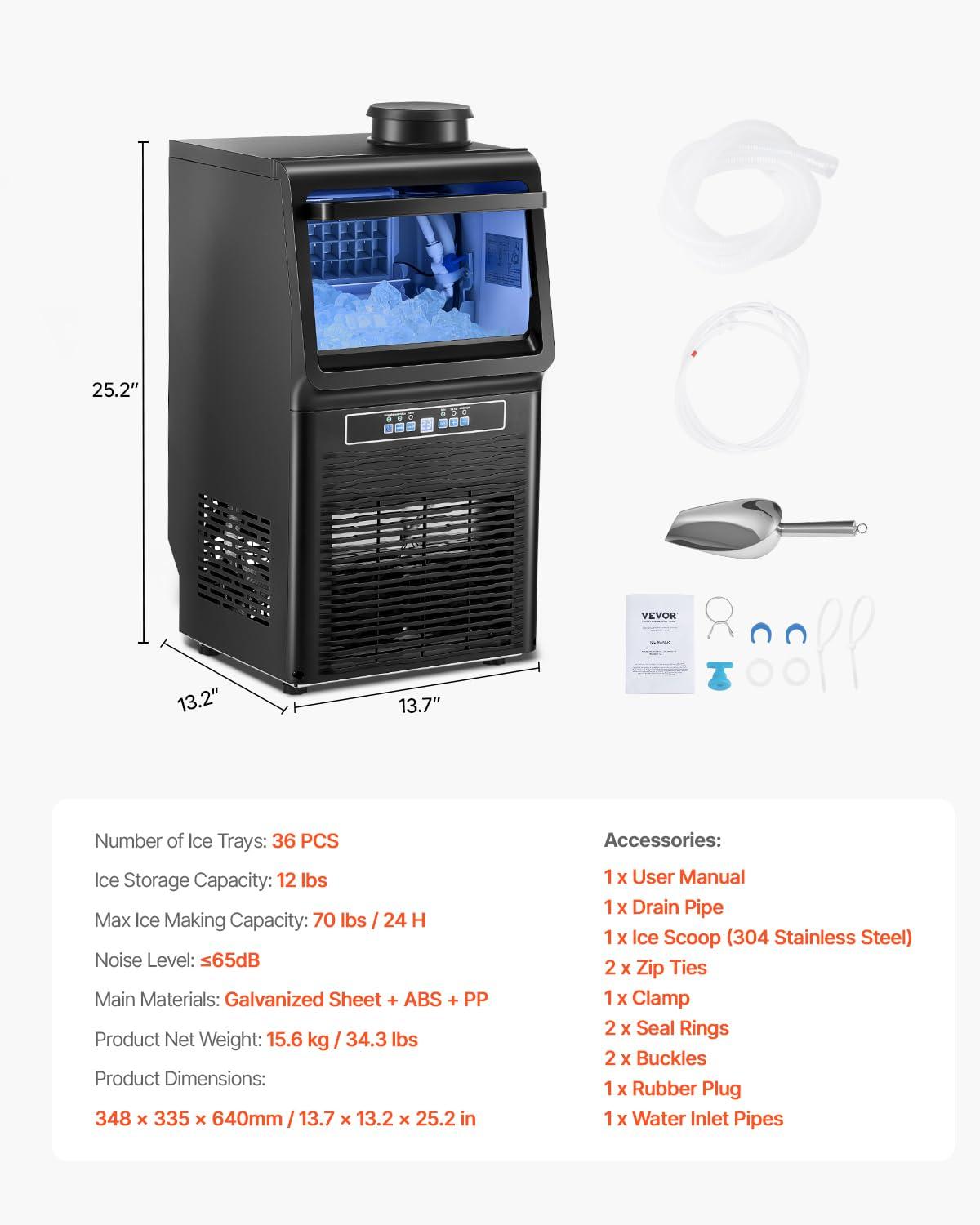 VEVOR Commercial Ice Maker Machine with 2 Water Inlets, 70lbs/24H Ice Maker Machine with 12lbs Storage Capacity, 36 Ice Cubes in 15 Minutes, LED Digital Display Self-Cleaning for Bar Office Restaurant