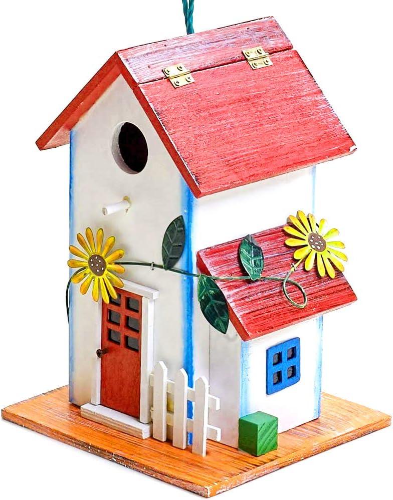 Hand-Painted Red and White Wooden Birdhouse with Flowers