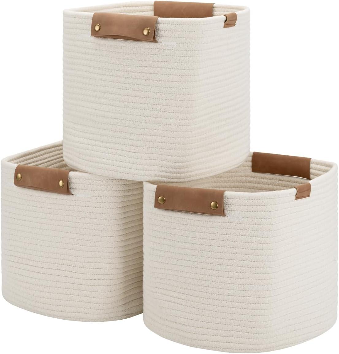 11x11x11 Woven Baskets - 3 Pack, Cotton Rope Baskets with Leather Handles, White - Cube Storage Organizer for Bedroom, Nursery Room, Living Room