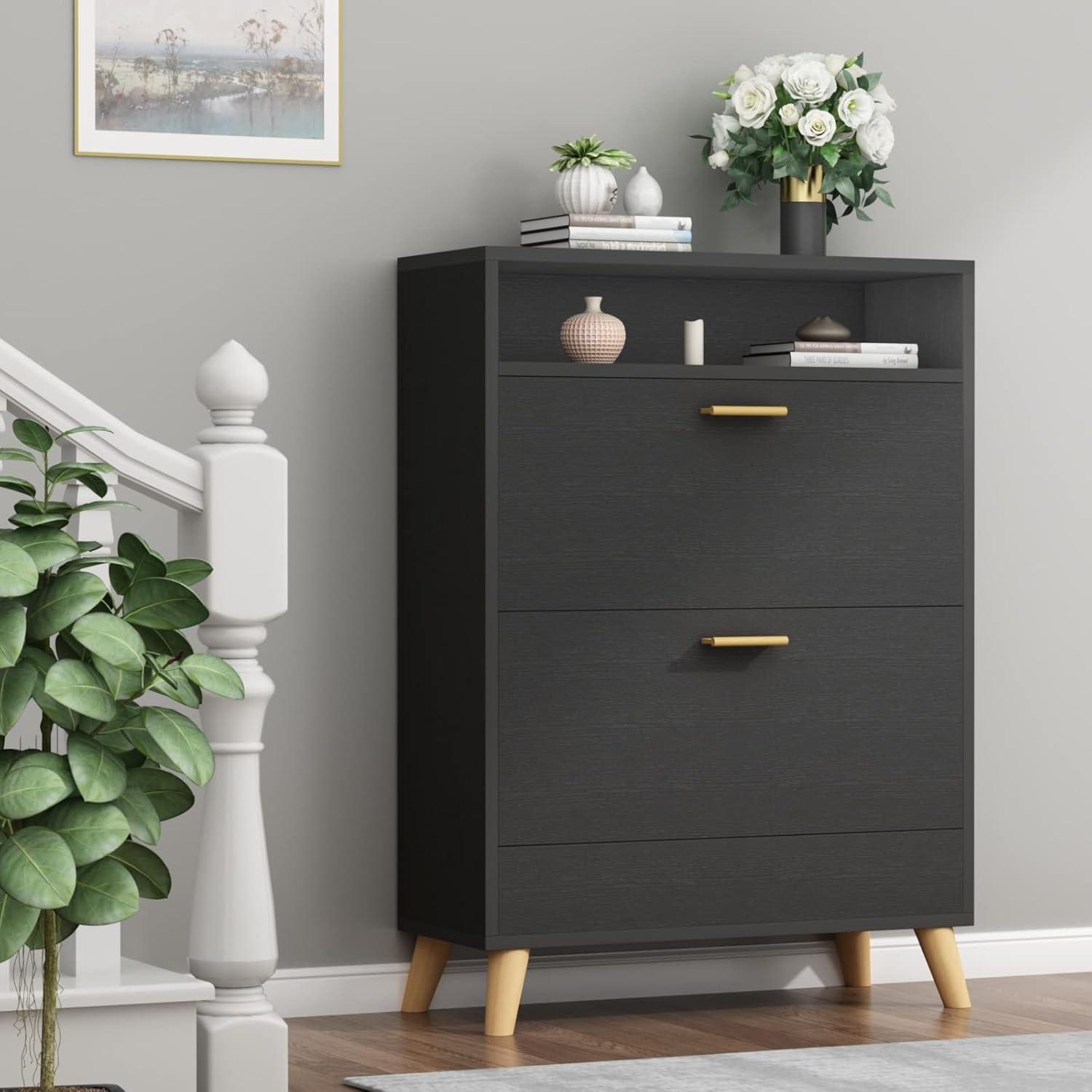 Shoe Storage Cabinets, 16 Pairs Free Standing Shoe Organizer with 2 Flip Drawers for Entryway, Narrow 3 Tier Entryway Hidden Shoe Rack with Doors (Dark Black)