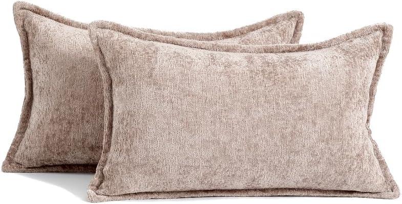 DEZENE Pack of 2 Khaki Decorative Throw Pillow Covers 12x20 Cozy Soft Chenille Accent Vintage Rectangular Lumbar Couch Pillow Covers for Home Decor Bed Sofa Living Room