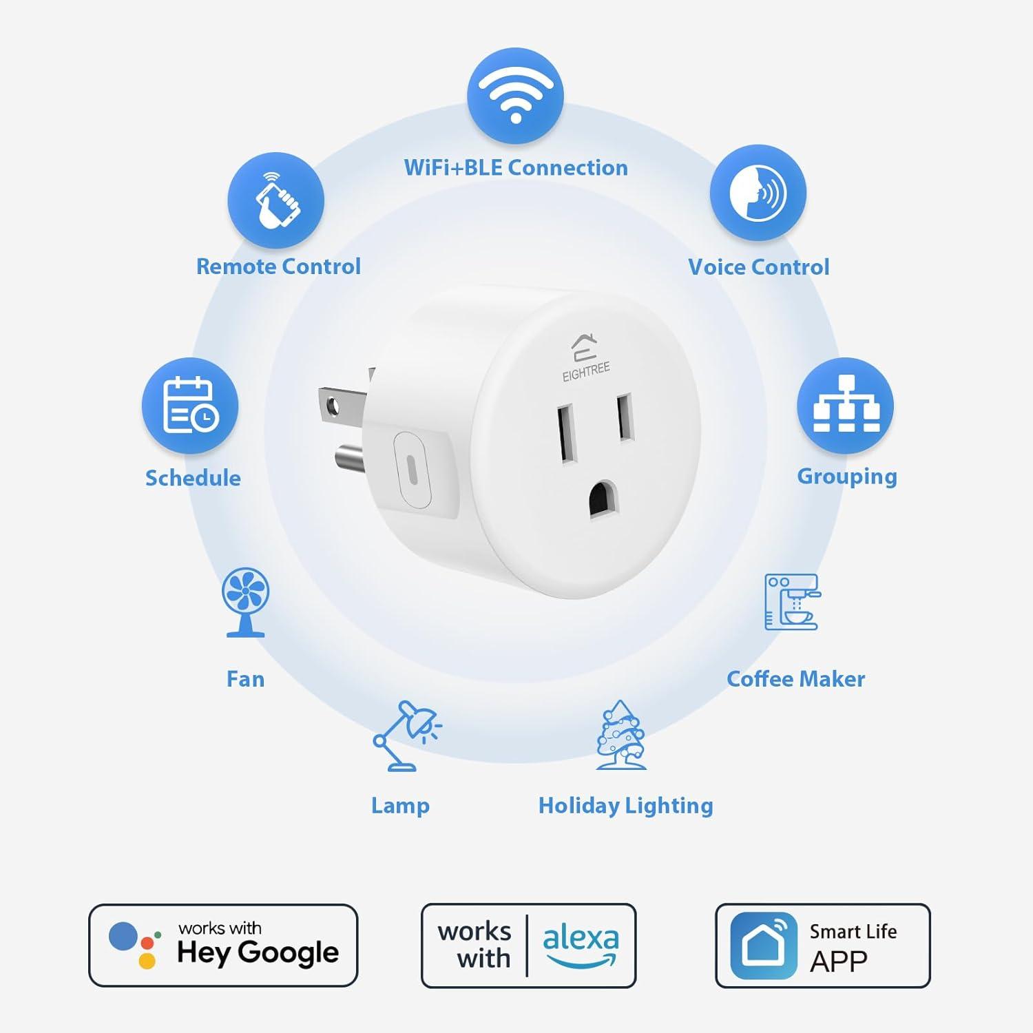 EIGHTREE Smart Plug 2025 Upgrade to 15A, Bluetooth & Wi-Fi Outlet Plug Dual Connection, Voice Control, Remote Control Outlet Timer Indoor, Smart Plugs That Work with Alexa & Google, 2.4GHz Wi-Fi Only