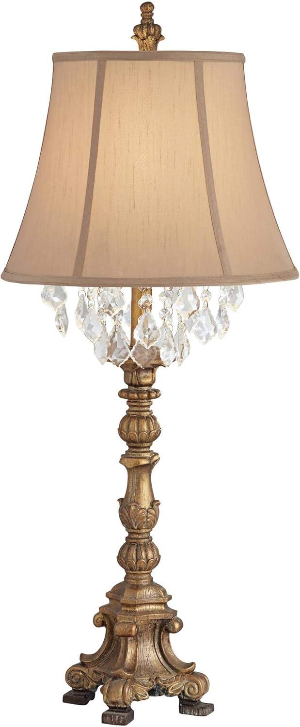 Barnes and Ivy Duval Traditional Table Lamp 33" Tall Aged Gold Candlestick Crystal Fabric Bell Shade for Bedroom Living Room Bedside Office Family