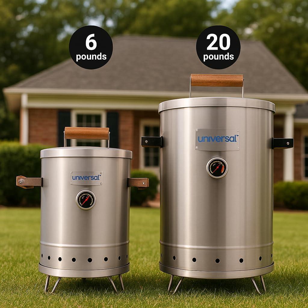 Universal Universal 20-Pound Stainless Steel (25-Servings) Charcoal Barrel Smoker With Thermometer & Airlock System - 20.5 X 29.6 X 15.5 Inch, 2 In 1 Vertical Grill And Smoker, Slow Cooking Barrel