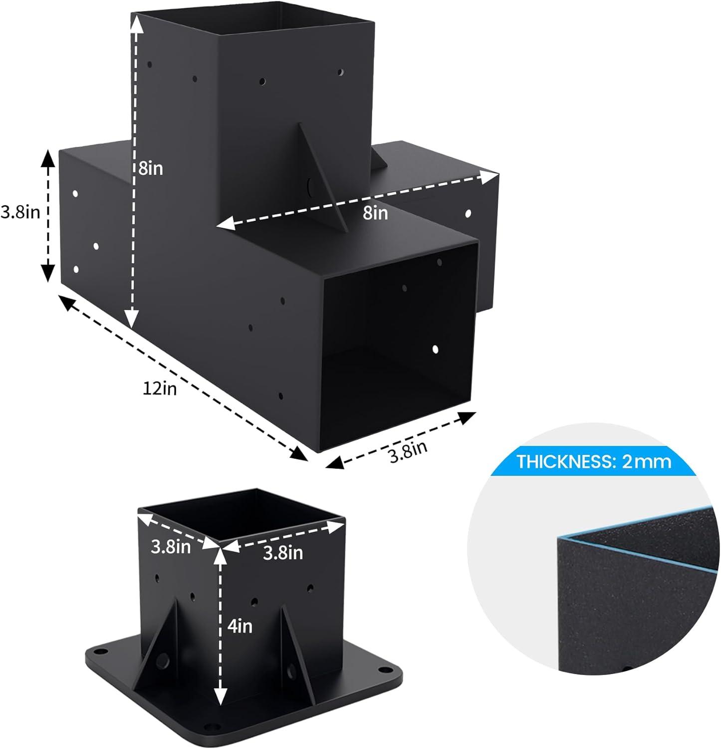 Pergola Kit Elevated Wood Stand Kit Woodwork for 4"x 4" (Actual 3.5" x 3.5"), Solid Steel Wooden Gazebo Kit for Outdoor 4-Way Right Angle Corner Bracket and Base Brackets - Includes Screws