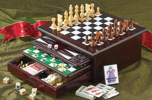 Board Game Set - Deluxe 15 in 1 Tabletop Wood-accented Game Center with Storage Drawer (Checkers, Chess, Chinese Checkers, Parcheesi, TicTacToe, SOlitaire, Snakes and Ladders, Mancala, Backgammon, Po