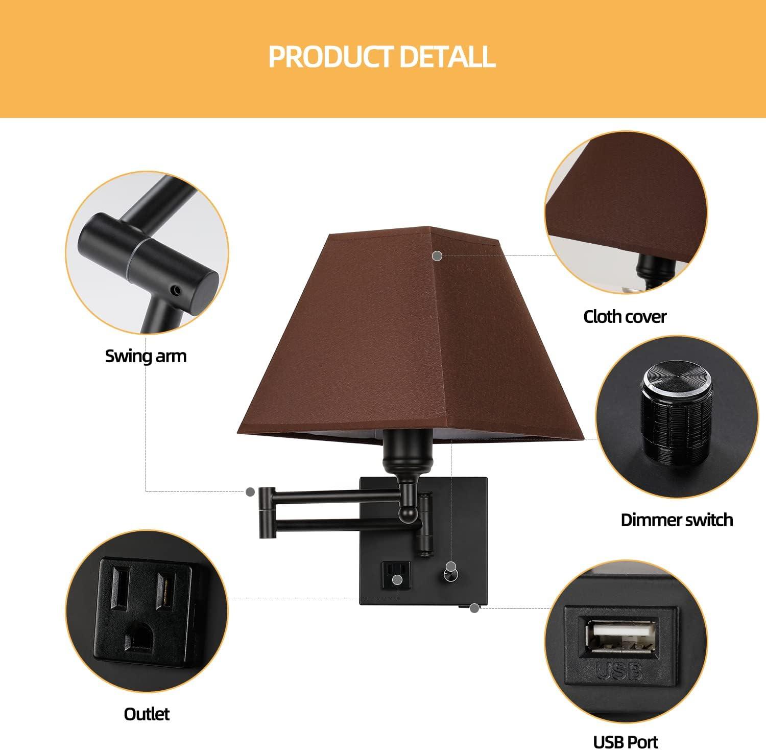 Black Swing Arm Wall Lamp with Fabric Shade and USB Port