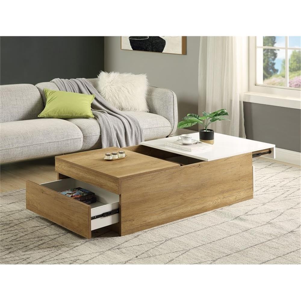 Aafje 49" Coffee Tables Oak/White Finish - Acme Furniture: Rectangular Living Room Table with Adjustable Shelves, Drawer
