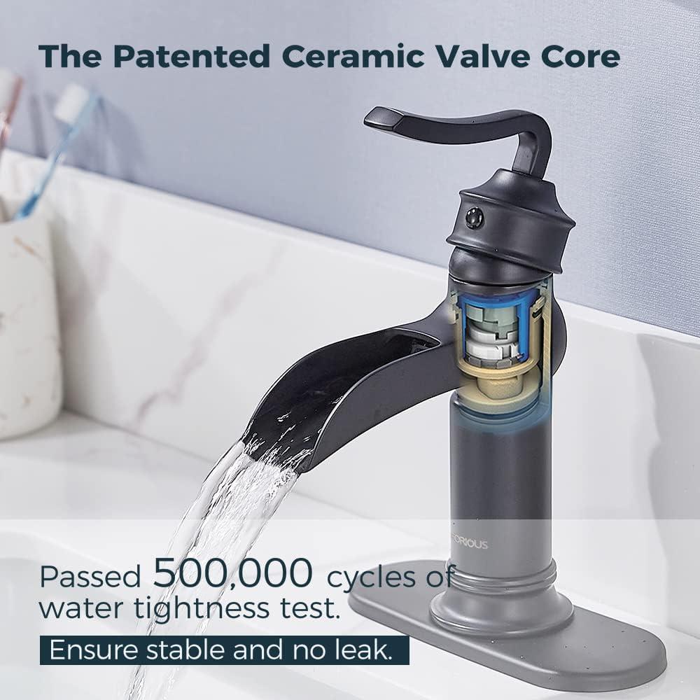 FORIOUS Black Waterfall Bathroom Faucet, Single Handle Antique Bathroom Sink Faucet with Deck Plate, Lead-Free CUPC Hose and Metal Pop-up Drain for 1 Hole or 3 Hole Farmhouse, Lavatory, Vanity