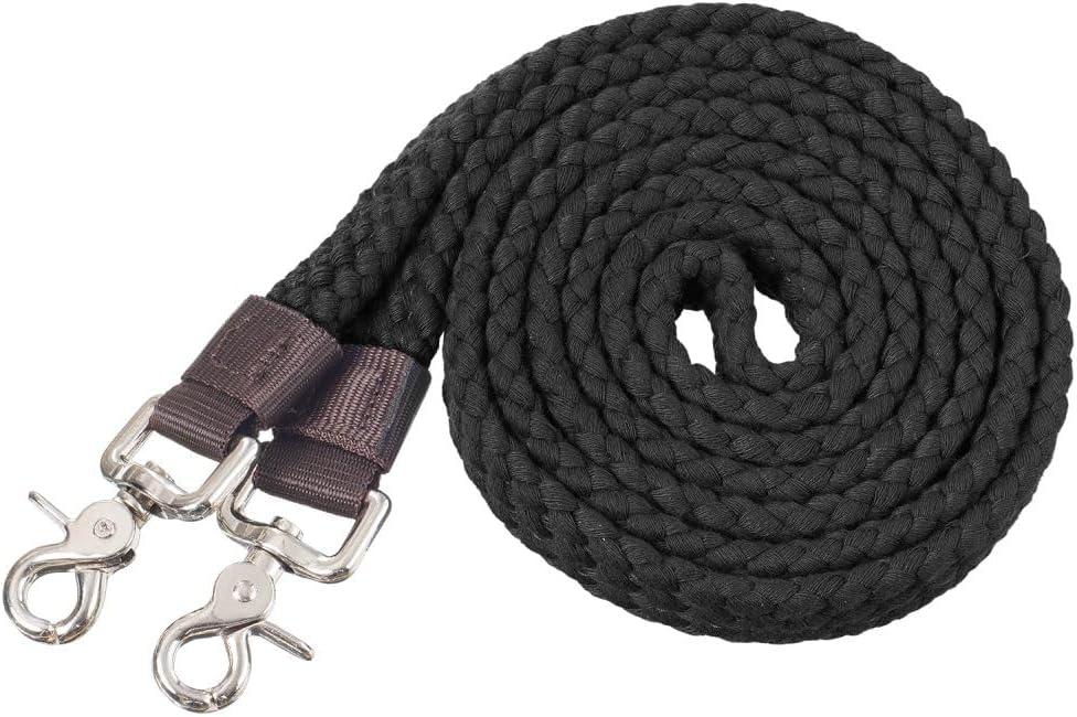 7 Ft Black Braided Flat Cotton Roping Rein with Nickel Snaps