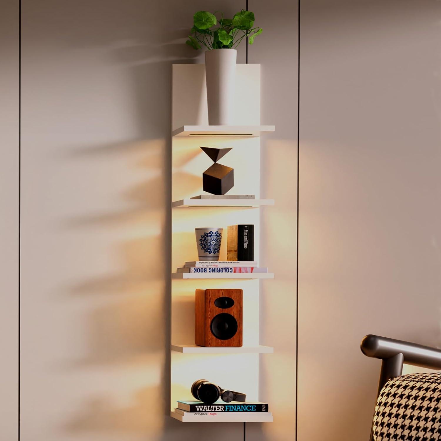 5-Tier Wall Shelf Unit, White Floating Shelves with LED Light, Lack Shelf for Bedroom Living Room Vanity Wall Storage Display