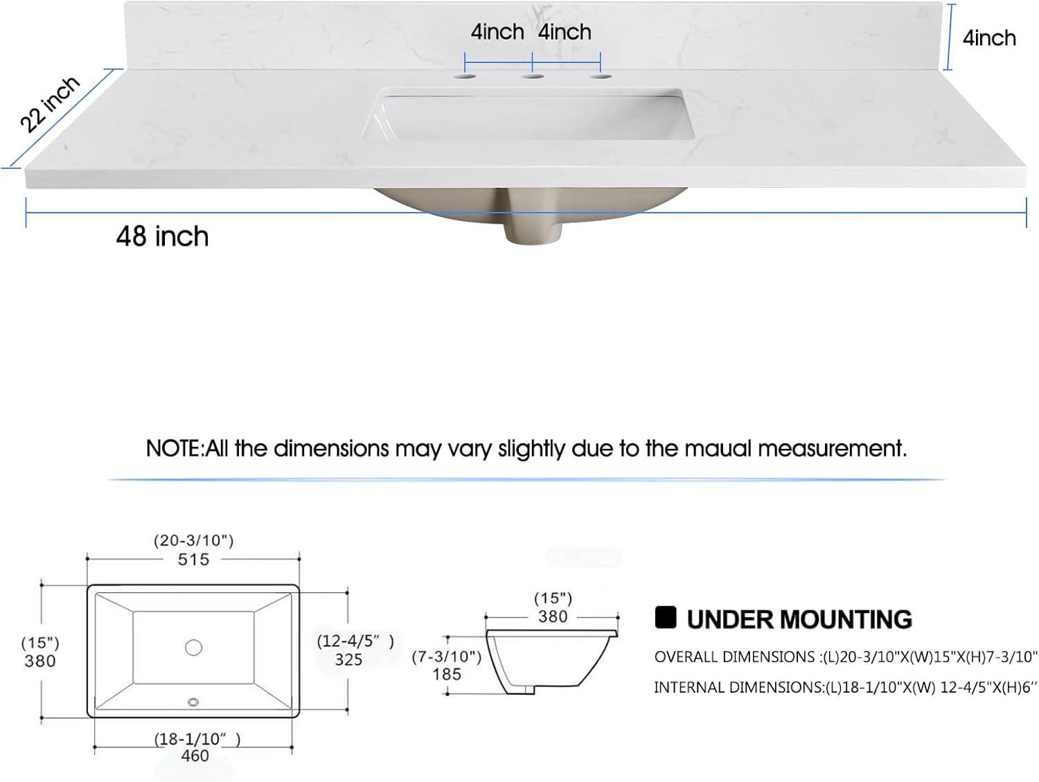 48" White Engineered Stone Vanity Top with Center Sink