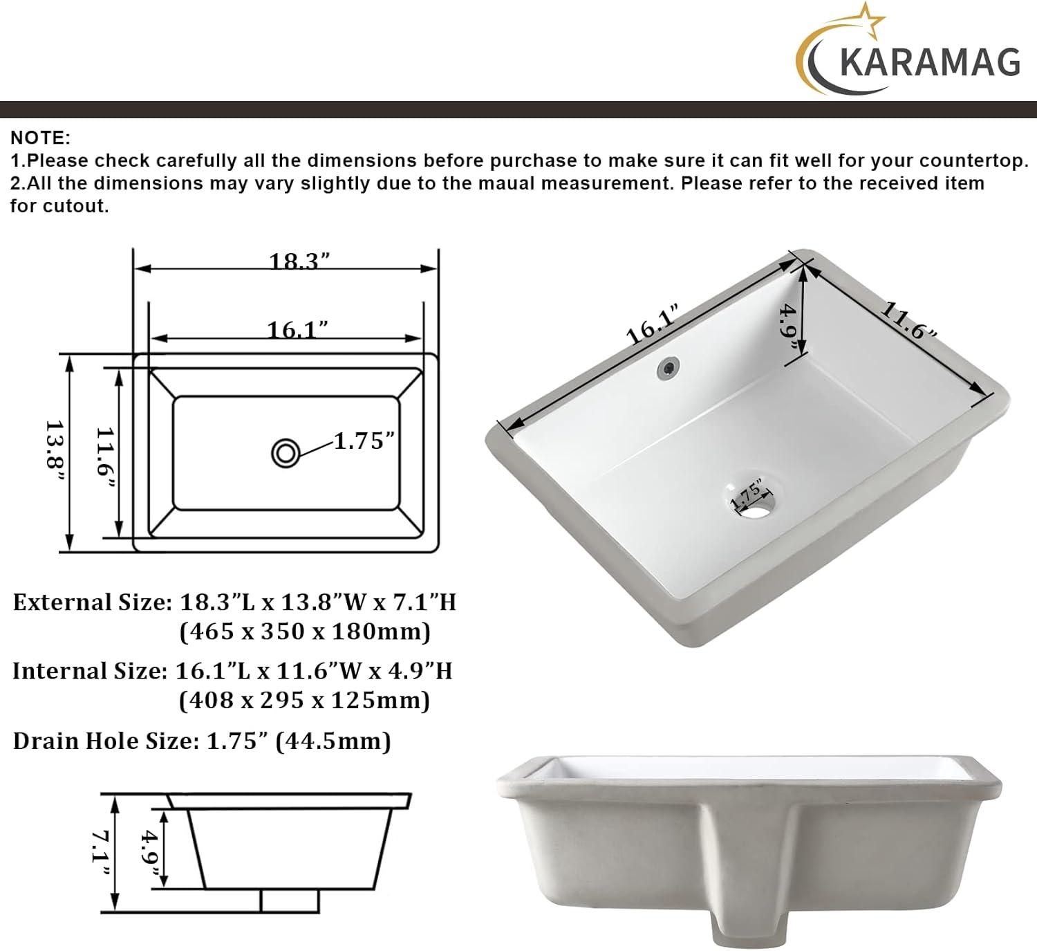 18.5" White Ceramic Rectangular Undermount Bathroom Sink