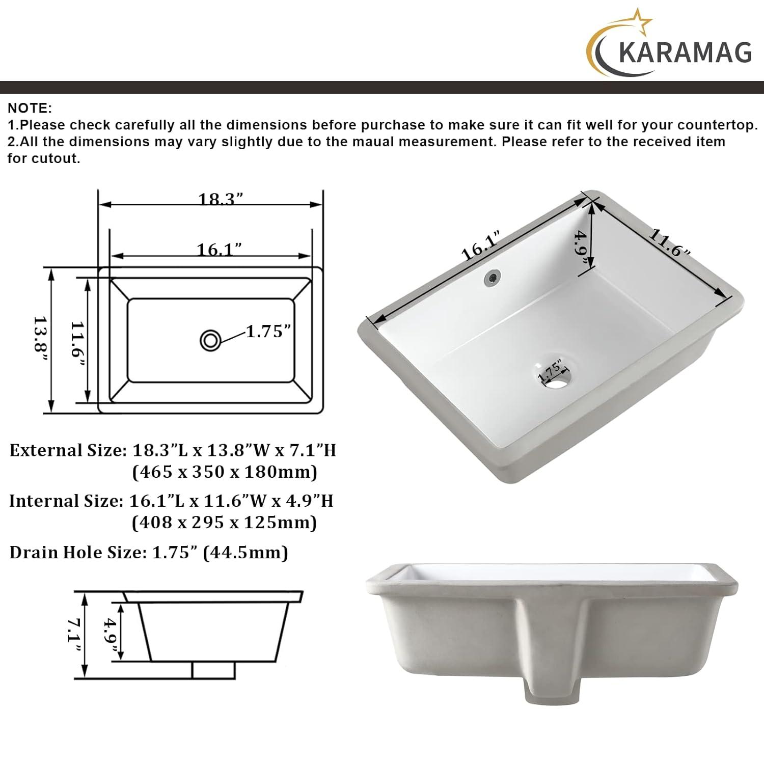 18 Inch Undermount Bathroom Sink Small Rectangle Undermount Sink White Ceramic Under Counter Bathroom Sinks with Overflow (18.3"x13.8")