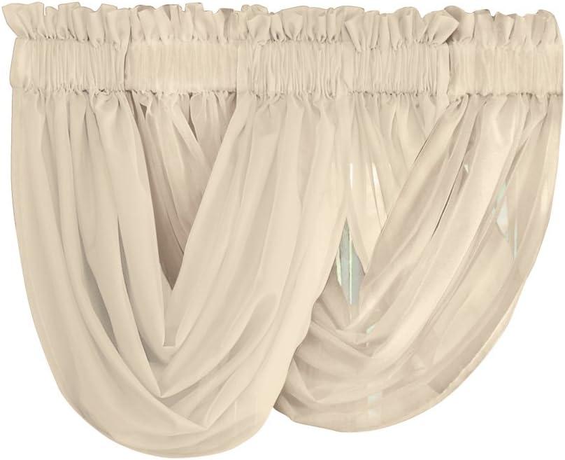 Collections Etc Scoop Two-Piece Rod Pocket Solid-Colored Sheer Valances for Windows, Decorative Accent and Added Privacy for Any Room in Home, Cream