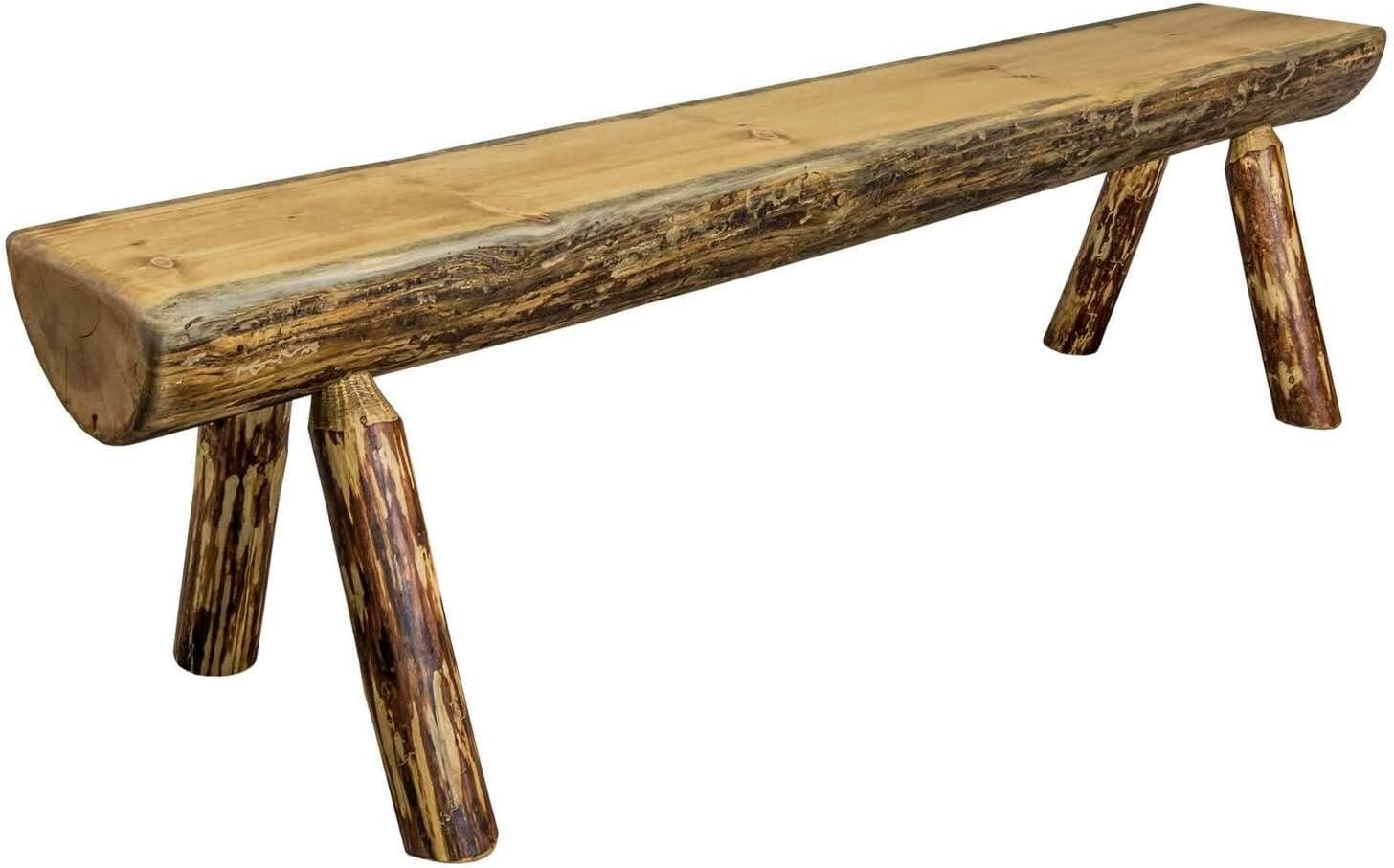 Rustic Natural Pine Half-Log Outdoor Bench, 4-6 ft