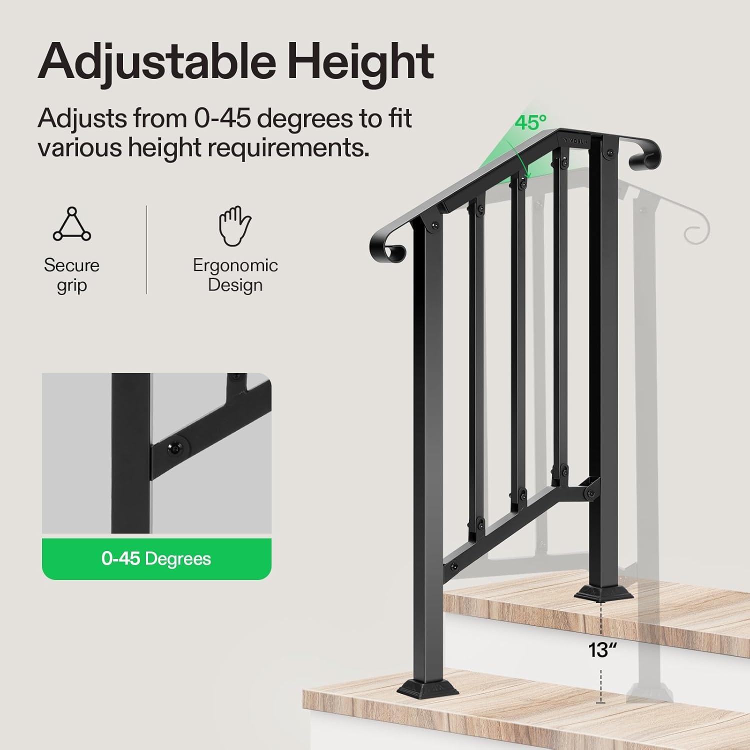 VIVOSUN Outdoor Iron Stair Handrail with Curved Ends and Balusters