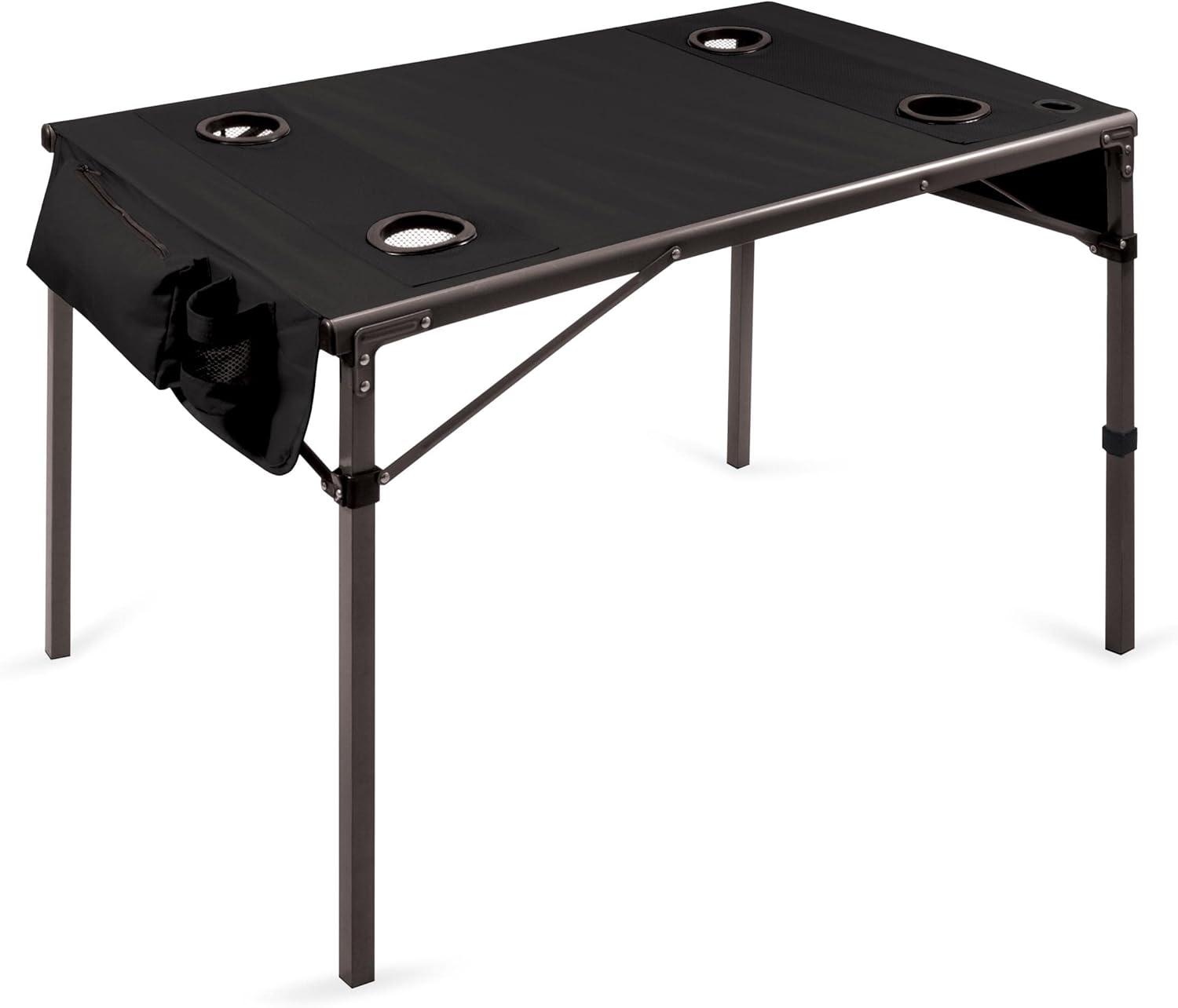 Compact Black Folding Travel Table with Drink Holders and Storage