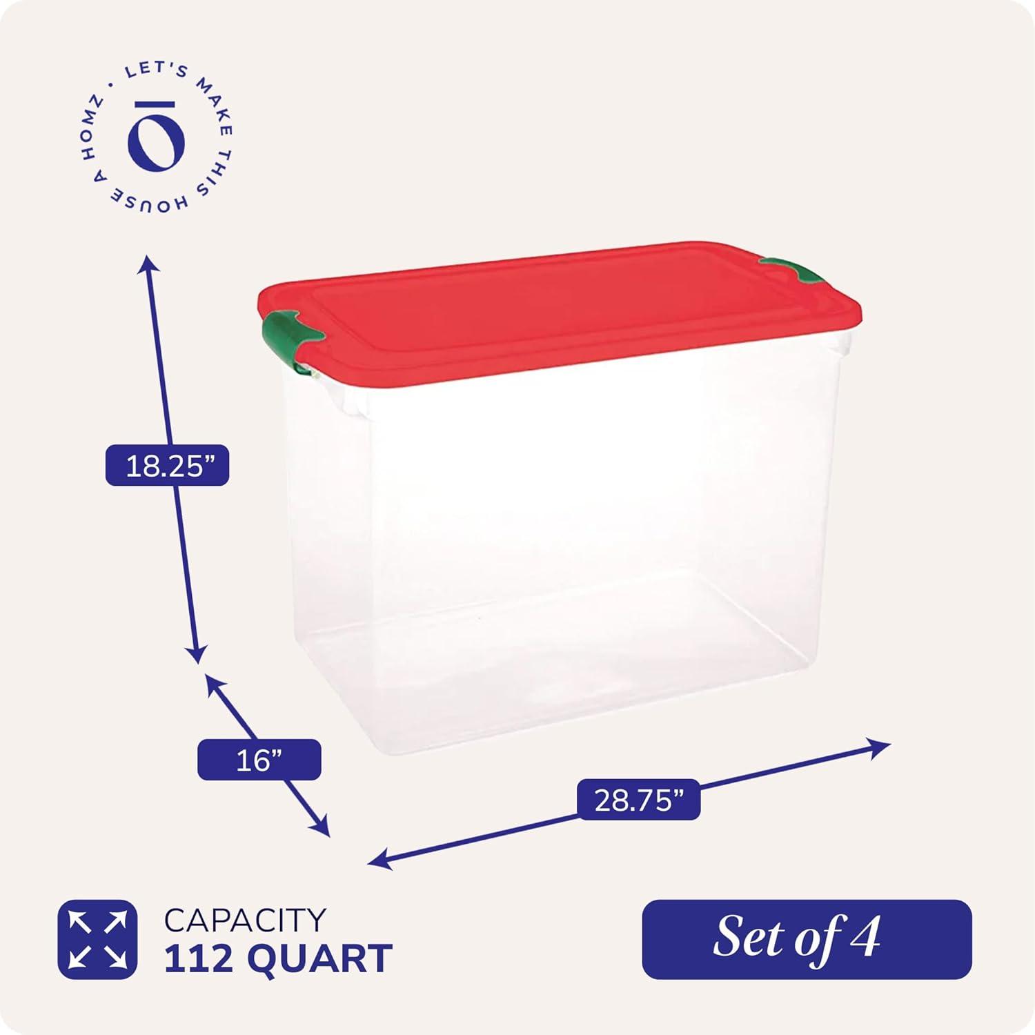 HOMZ 112-Quart Holiday Clear Plastic Ornament Storage, Red/Green, 4 Pack