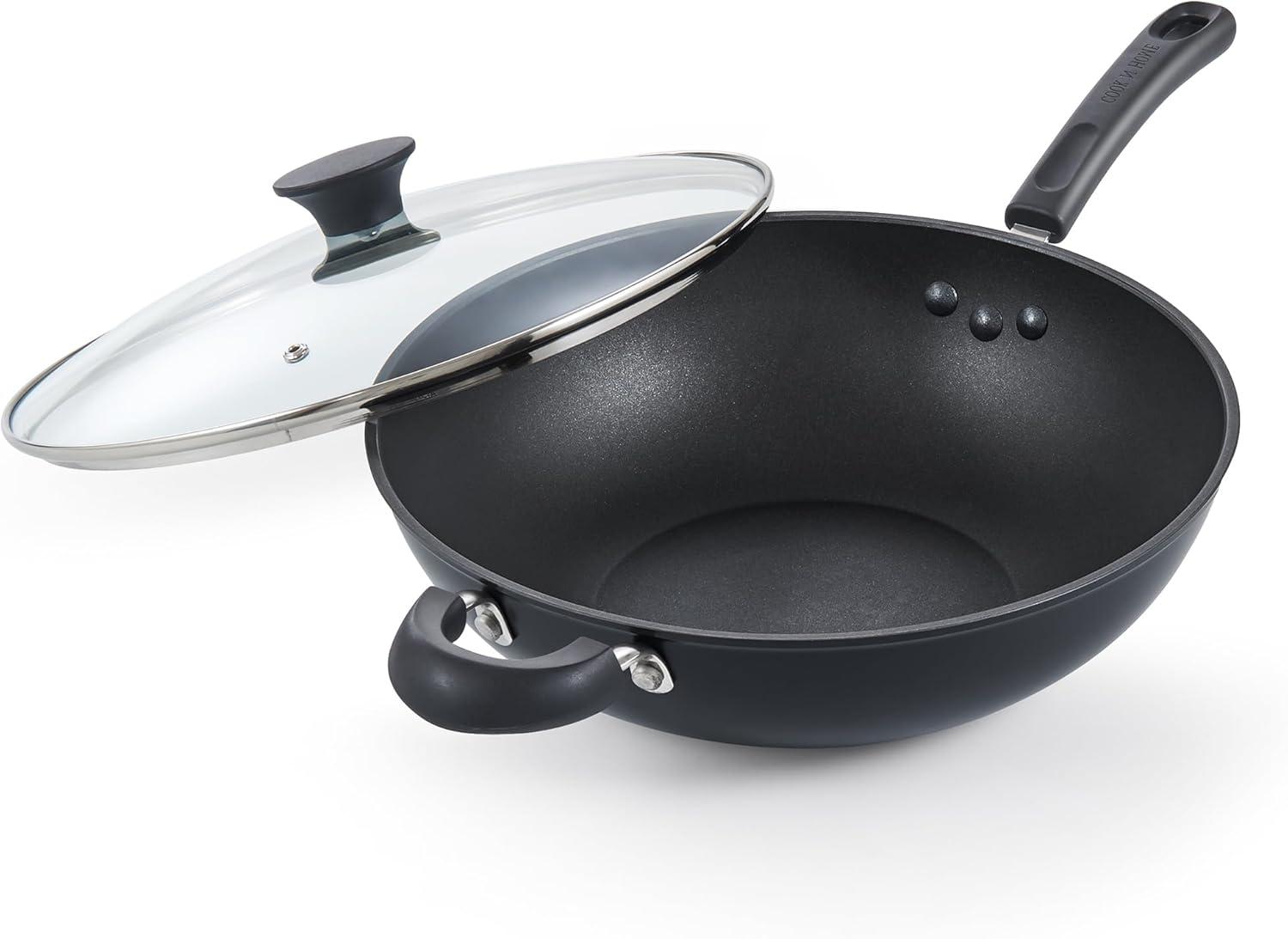 12-Inch Black Hard Anodized Nonstick Wok with Lid