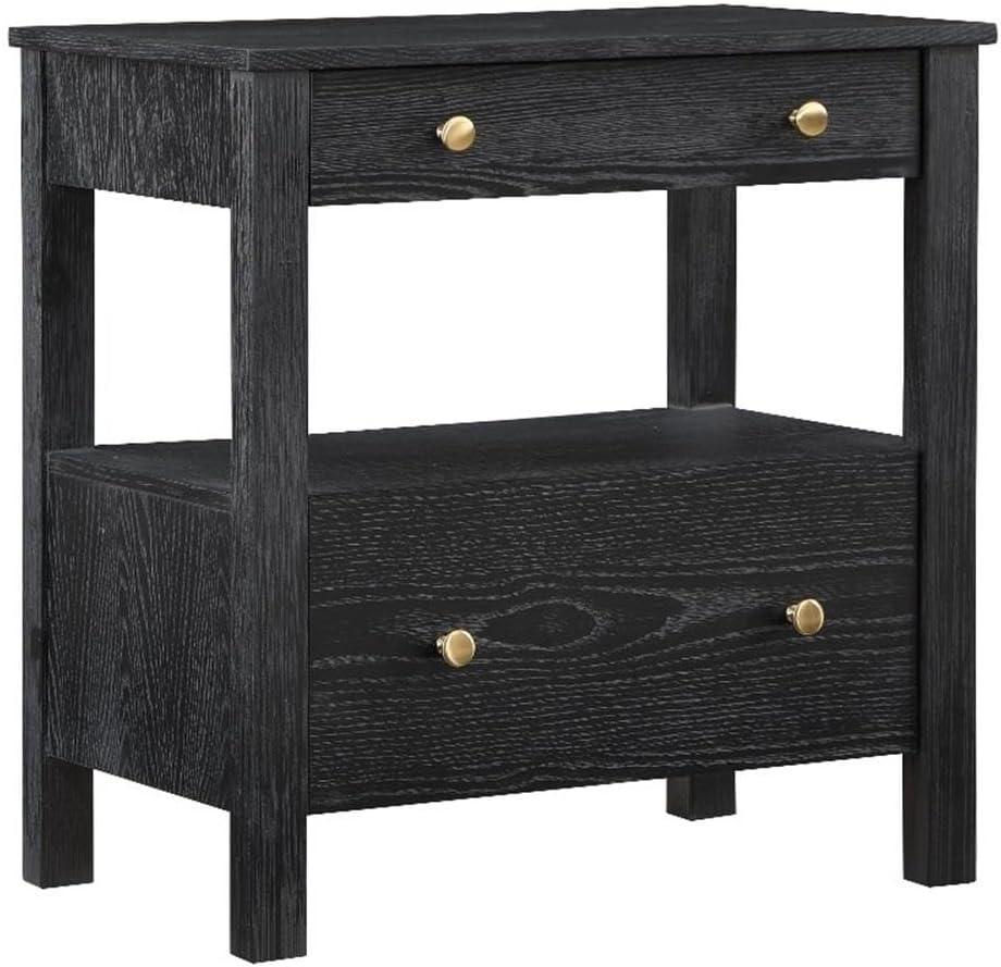 Delano Black Oak Veneer 2-Drawer Nightstand with Gold Knobs