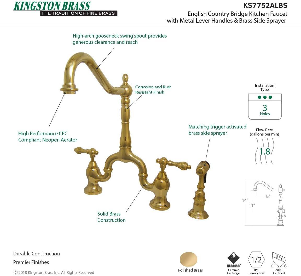 Kingston Brass English Country Two-Handle 3-Hole Deck Mount Bridge Kitchen Faucet with Brass Side Sprayer