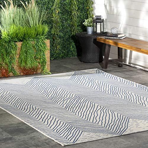 Dunham Abstract Indoor/Outdoor Area Rug for Living Room Patio Deck Front Porch Kitchen, Blue/Ivory