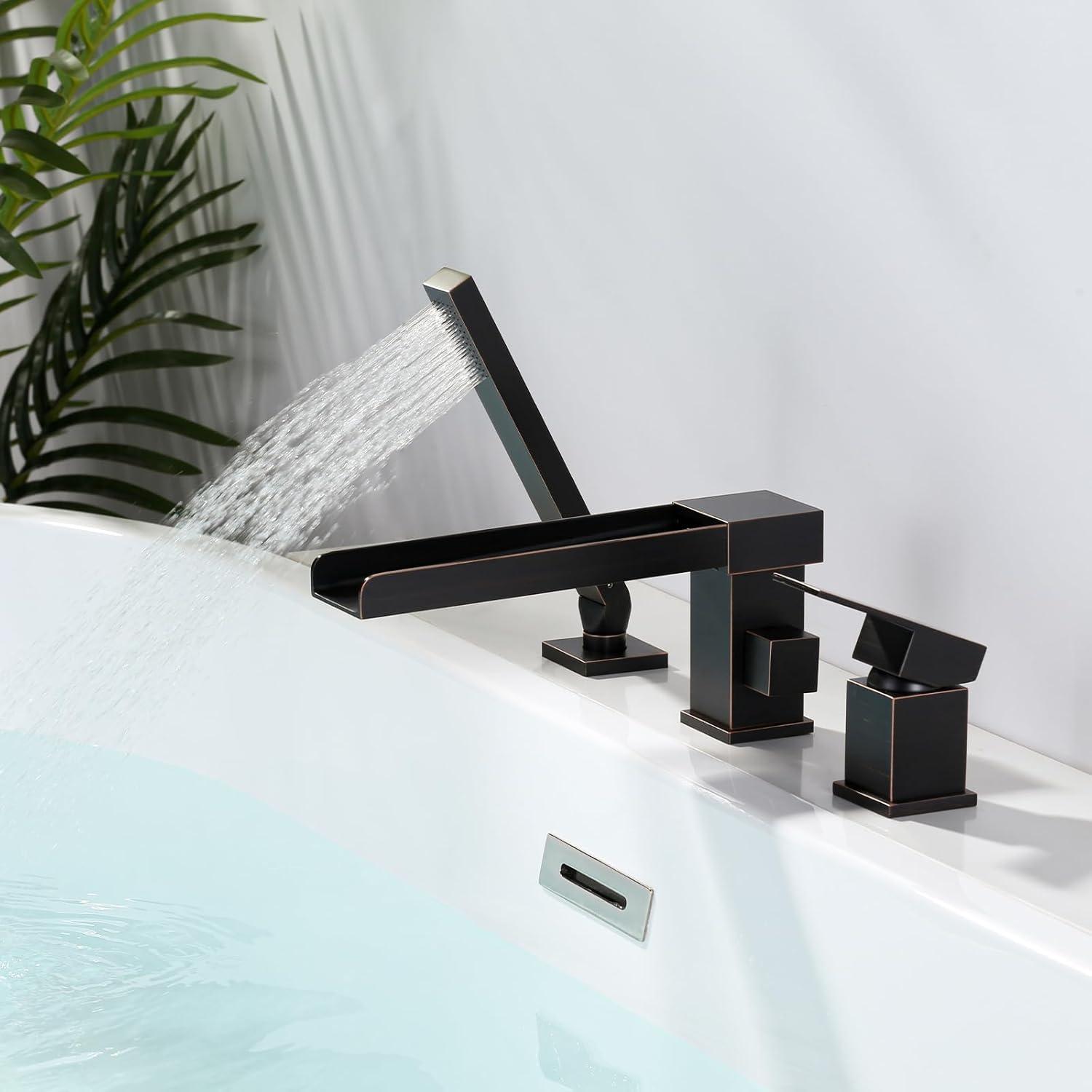 Oil Rubbed Bronze Waterfall Roman Tub Faucet Set with Hand Shower