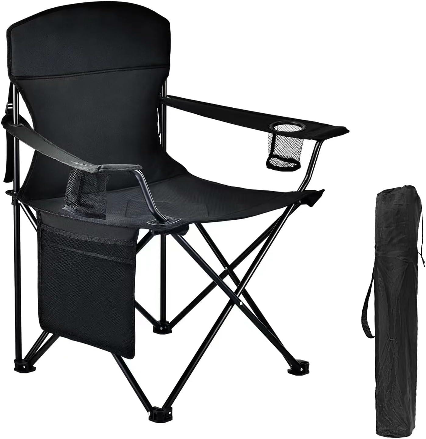 Black Foldable Camping Chair with Armrests and Cup Holders