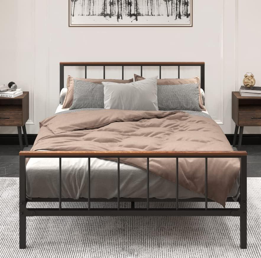 Queen Black Metal Platform Bed with Wood Headboard