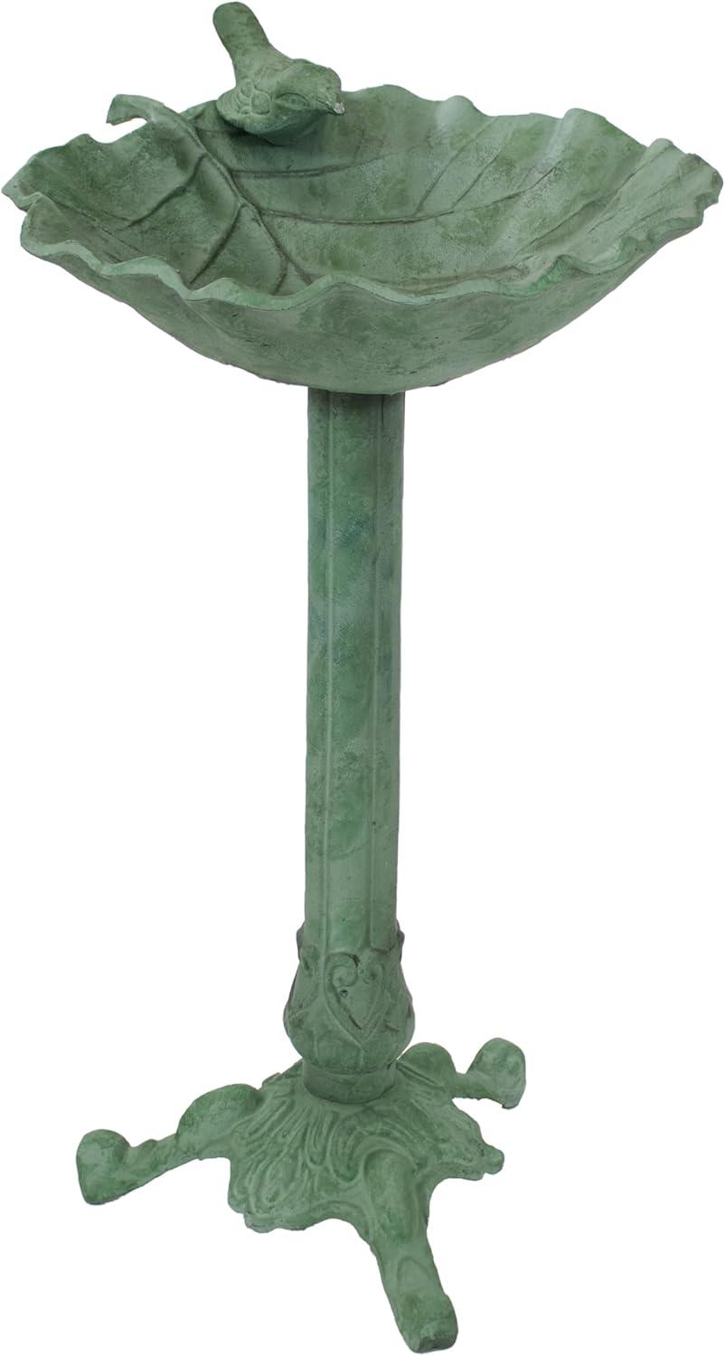 Autumnal Leaf Freestanding Cast Aluminum Outdoor Bird Bath - Green Patina